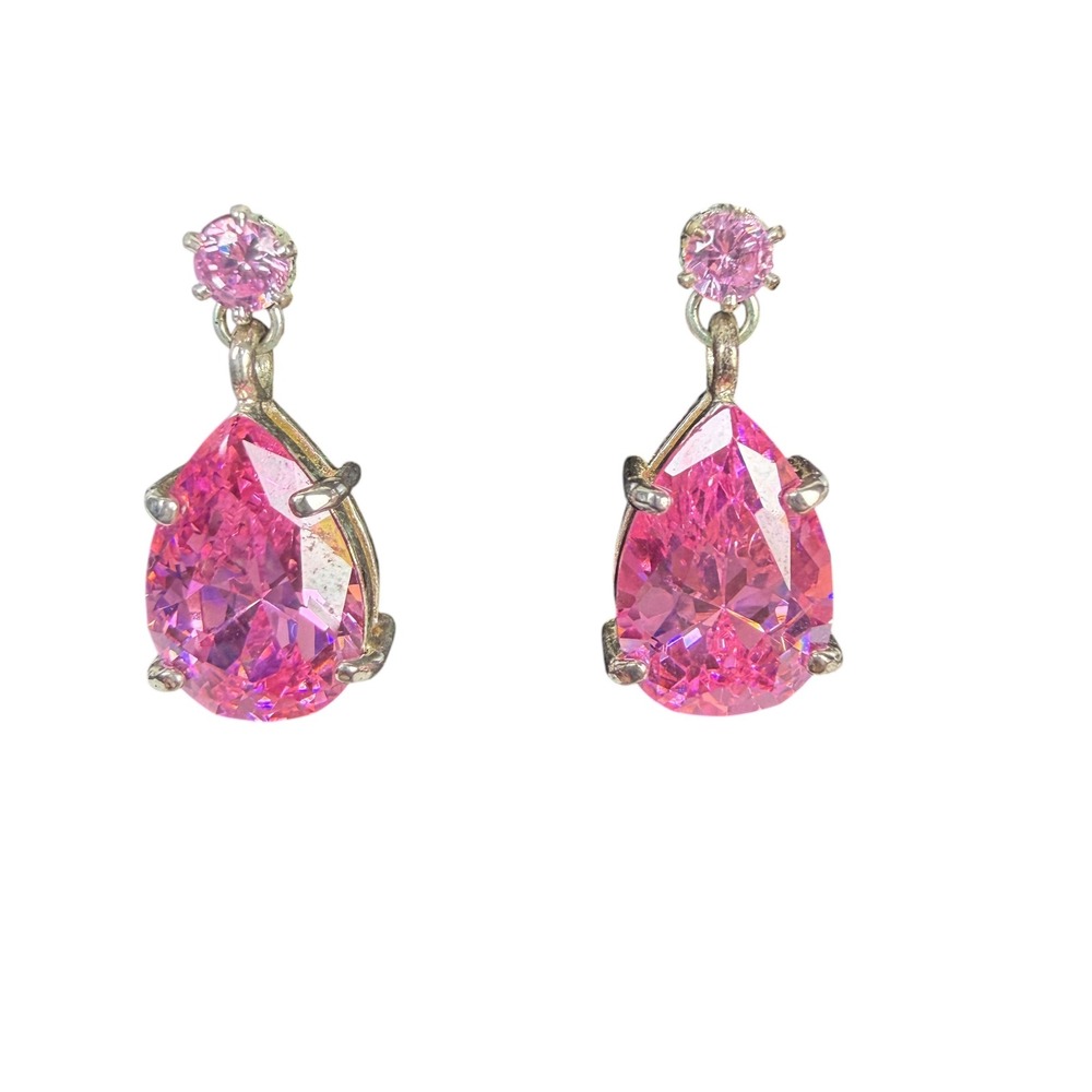 Pink Teardrop Drop Earrings Silver Tone Pear Cut Fuchsia Stones Formal Glam